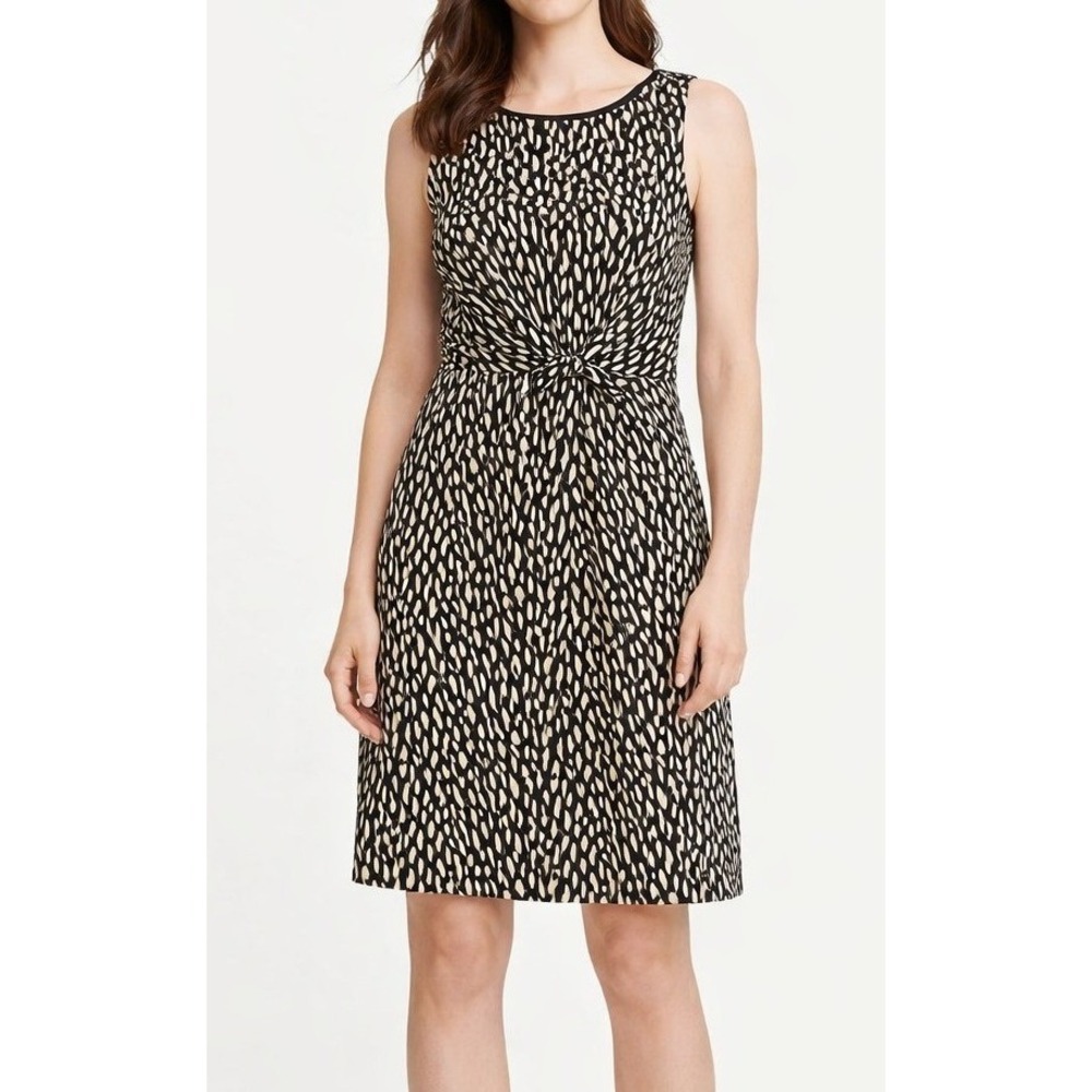 LOFT Sleeveless Shift Dress Black White Tan Abstract Print S Rayon Tencel NWOT‎